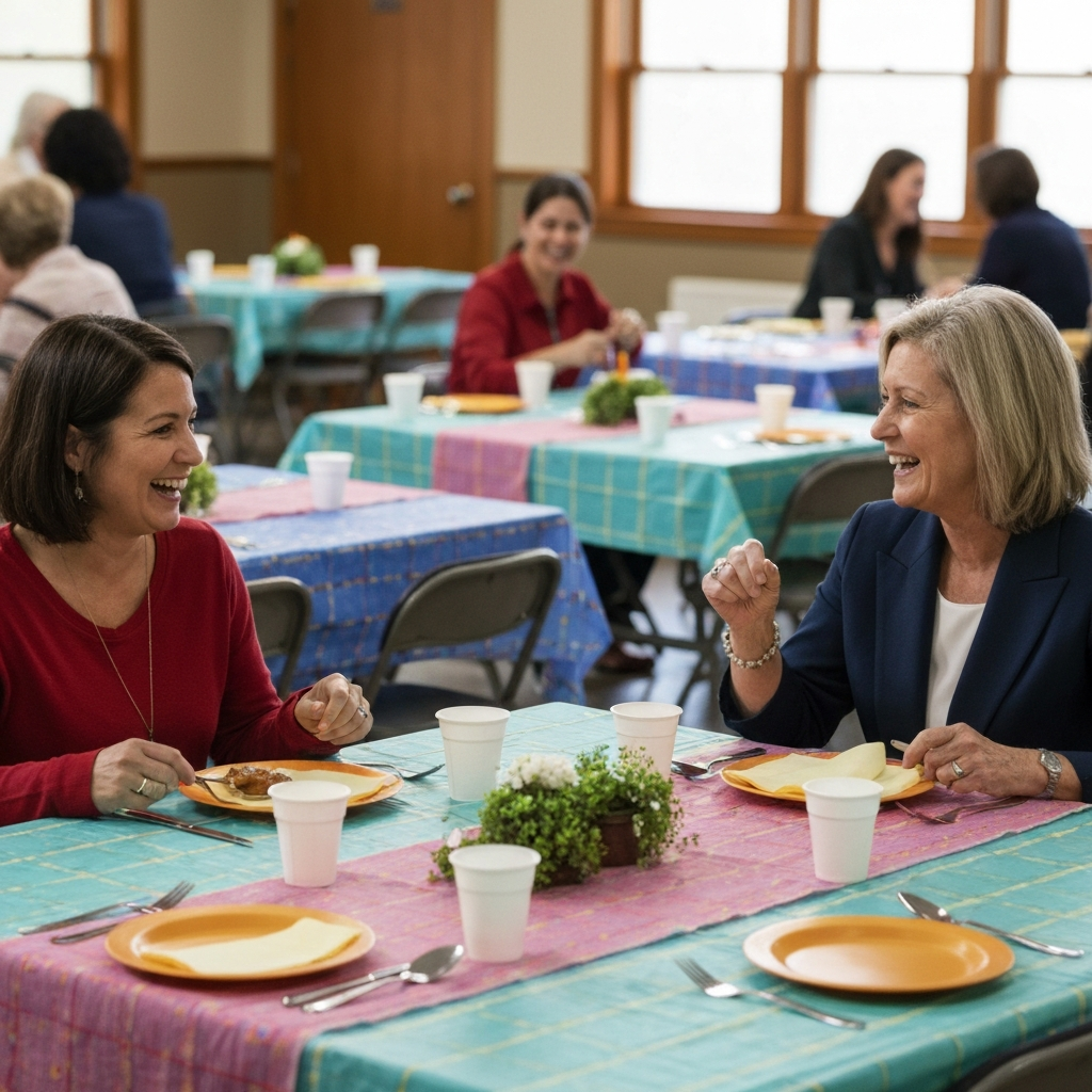 A school cafeteria transformed for a teacher appreciation luncheon. Tables are decorated with colorful tablecloths and centerpieces. Teachers are laughing and conversing while enjoying their meal. The scene is filled with a sense of community and gratitude.