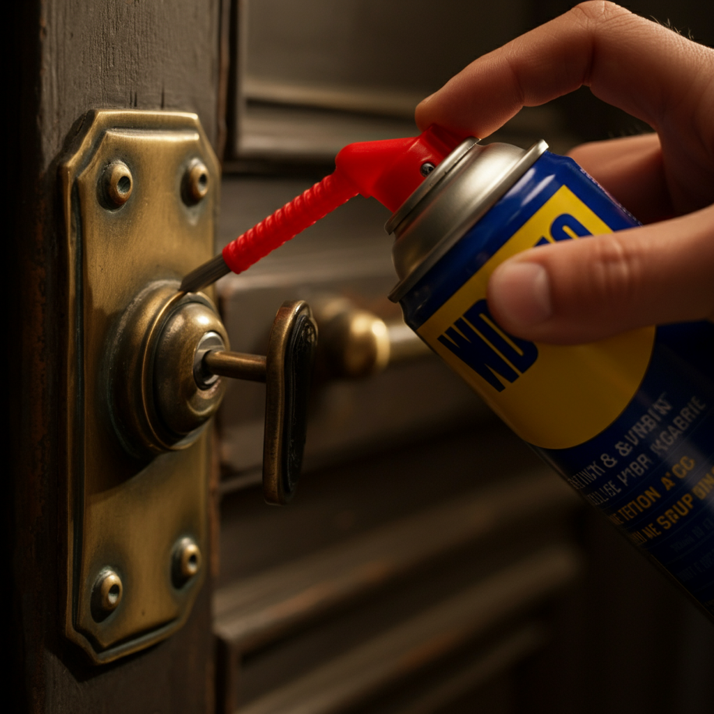 Close-up shot of a hand inserting the thin red nozzle of a WD-40 can into a weathered brass door lock. The background is blurred to emphasize the lock, with soft golden hour lighting highlighting the metallic texture of the lock and key.