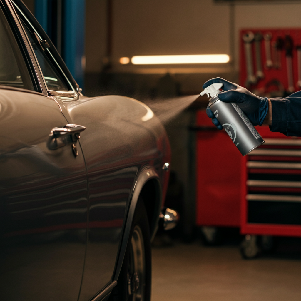 A mechanic's hand wearing a dark blue glove sprays graphite lubricant into a car door lock on a classic car. The background is a well-lit garage with tools neatly organized on a pegboard.
