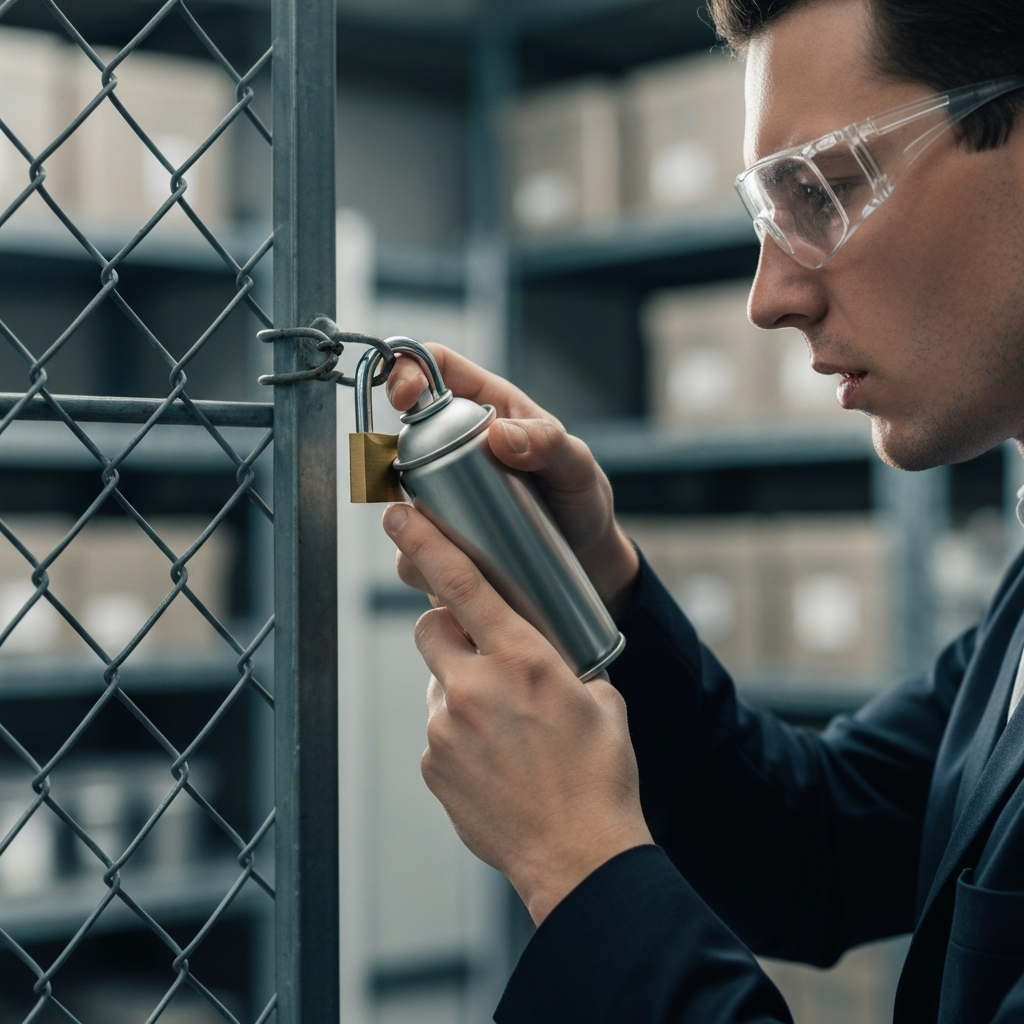 A person wearing safety glasses uses a can of compressed air to blow air into a padlock. The padlock is attached to a chain-link fence, with a blurred background of a storage facility. The scene is brightly lit.