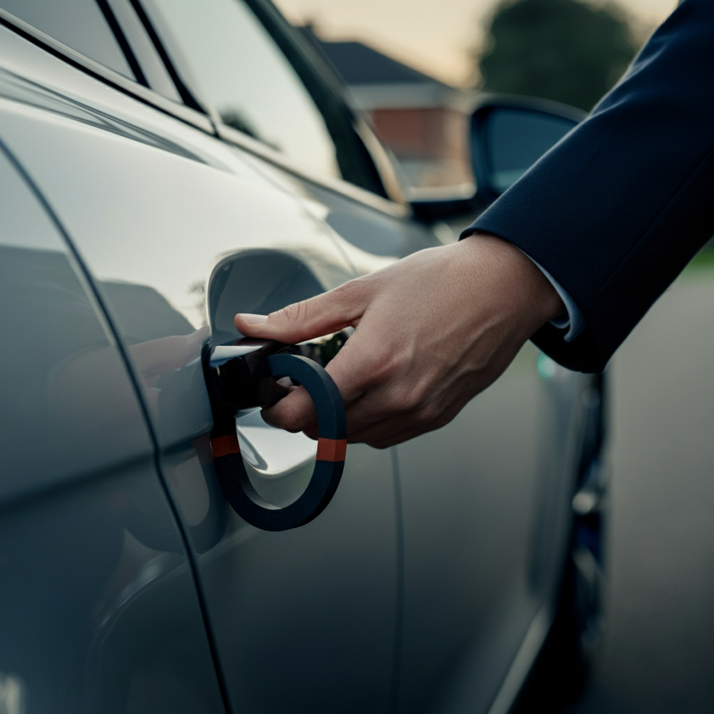 A close-up of a car door handle with a strong, round magnet covering the keyhole. The car is silver, and the background is a suburban street with houses and trees, blurred in the distance.