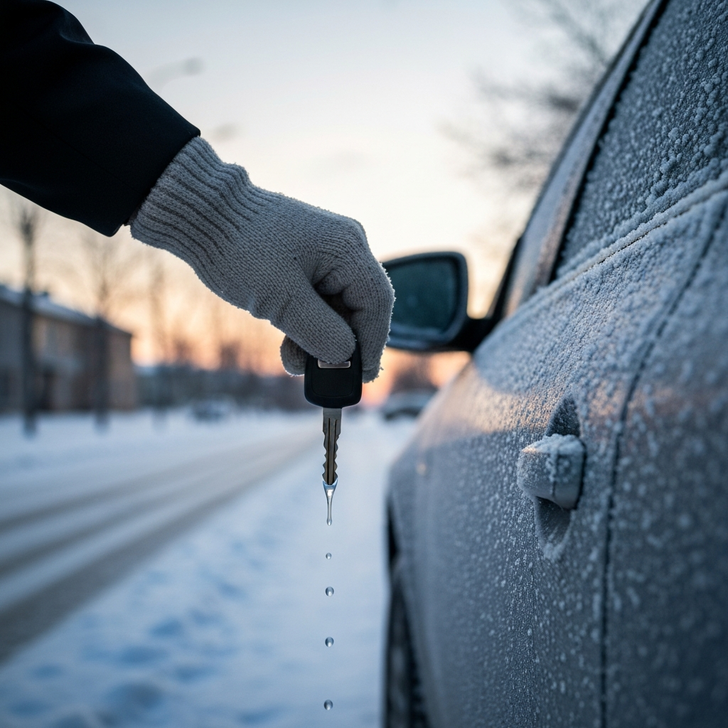 A hand wearing a winter glove holds a key dripping with hand sanitizer, about to insert it into a frozen car door lock. The car is covered in frost, and the background is a snowy street at dawn.
