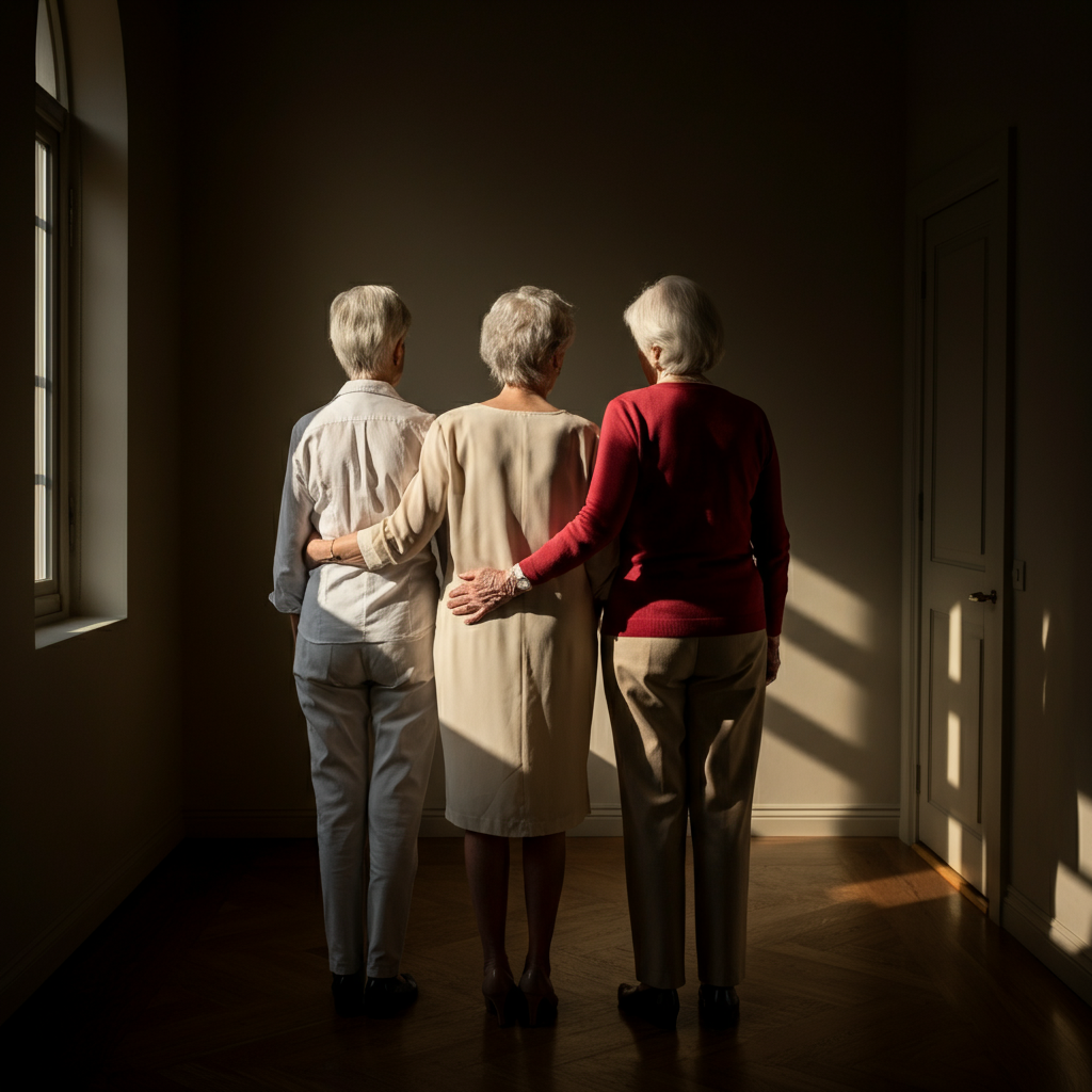 A warm, naturally lit family portrait featuring three generations. The lighting is soft, emphasizing skin tones and creating a sense of intimacy. Focus is on the subtle lower back area of each subject, fully clothed.