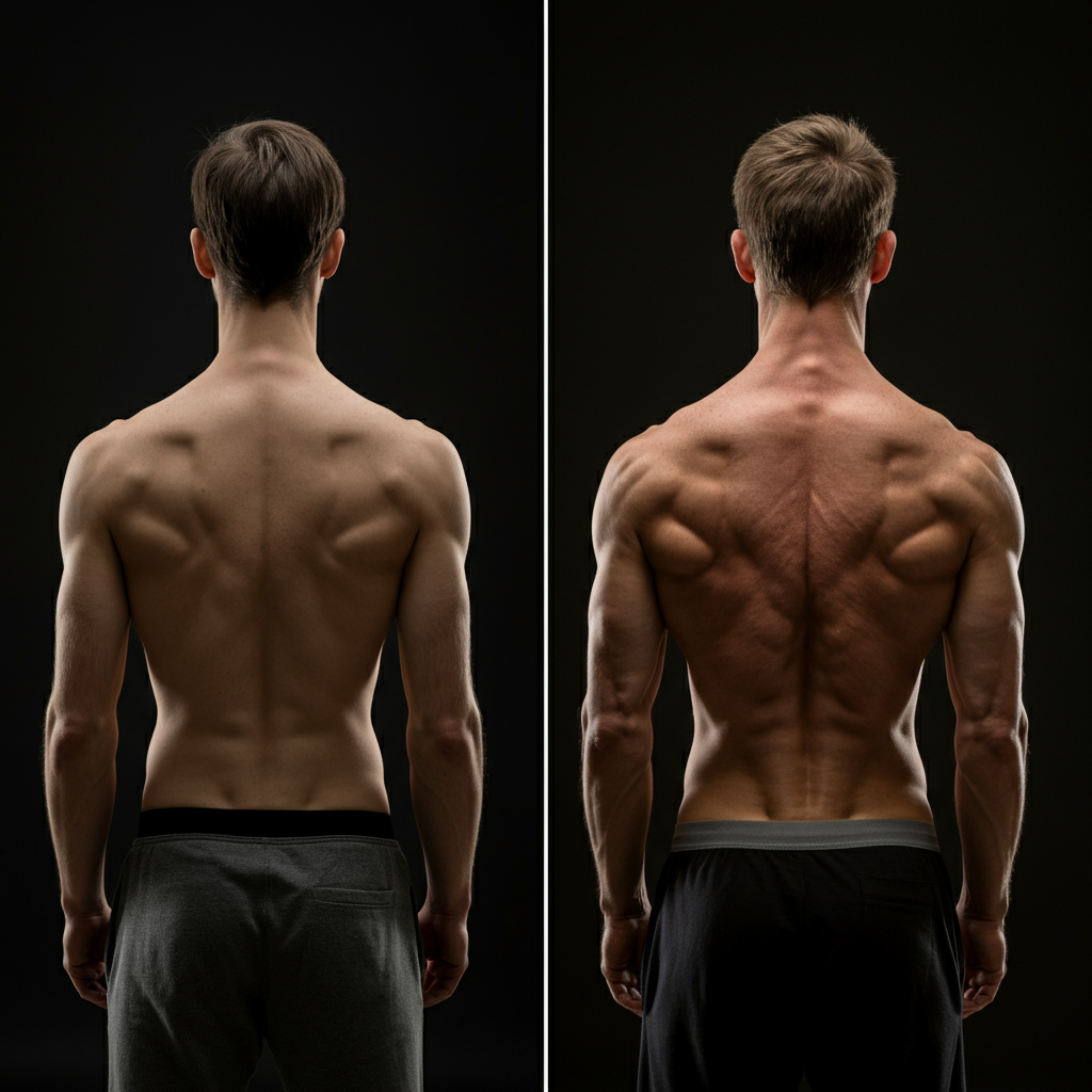 A split-screen photograph showing the same individual in two different states of fitness. On one side, a soft, diffused light highlights a smoother back contour. On the other, sharper lighting reveals more muscle definition and the subtle indentation of back dimples. The individual is professionally and modestly clothed.