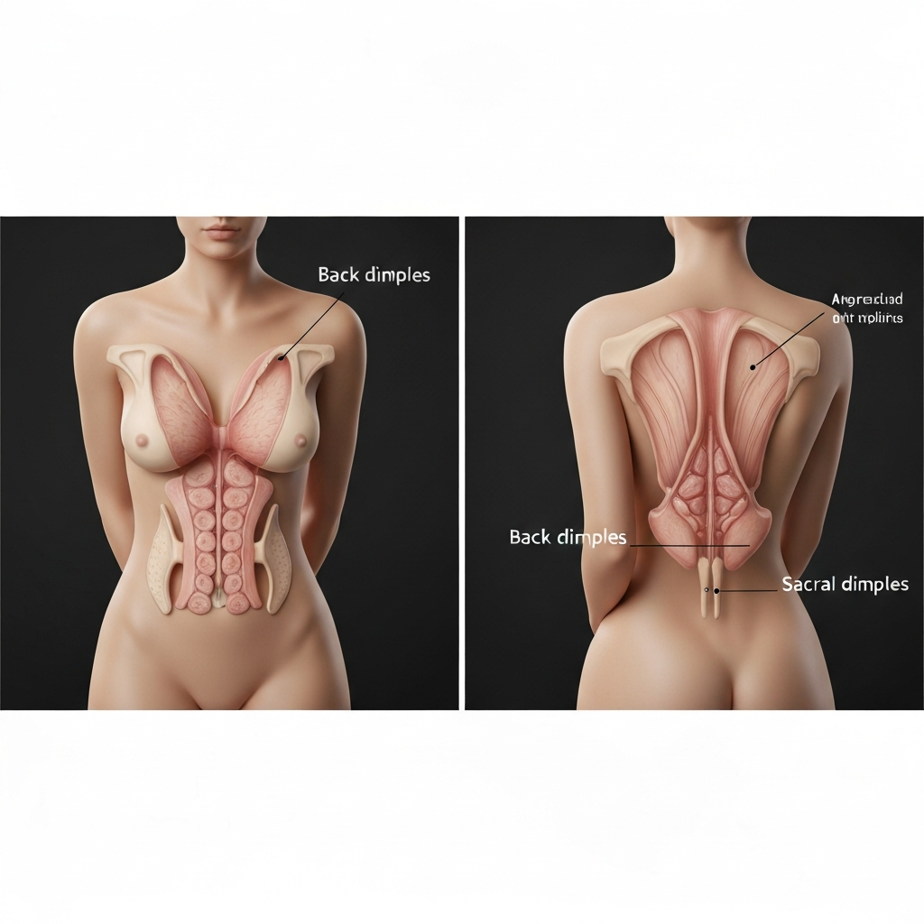 A medical illustration comparing back dimples and sacral dimples. Soft lighting emphasizes the anatomical differences, with clearly labeled anatomical structures. The illustration should be accurate and informative, avoiding any unnecessary details.