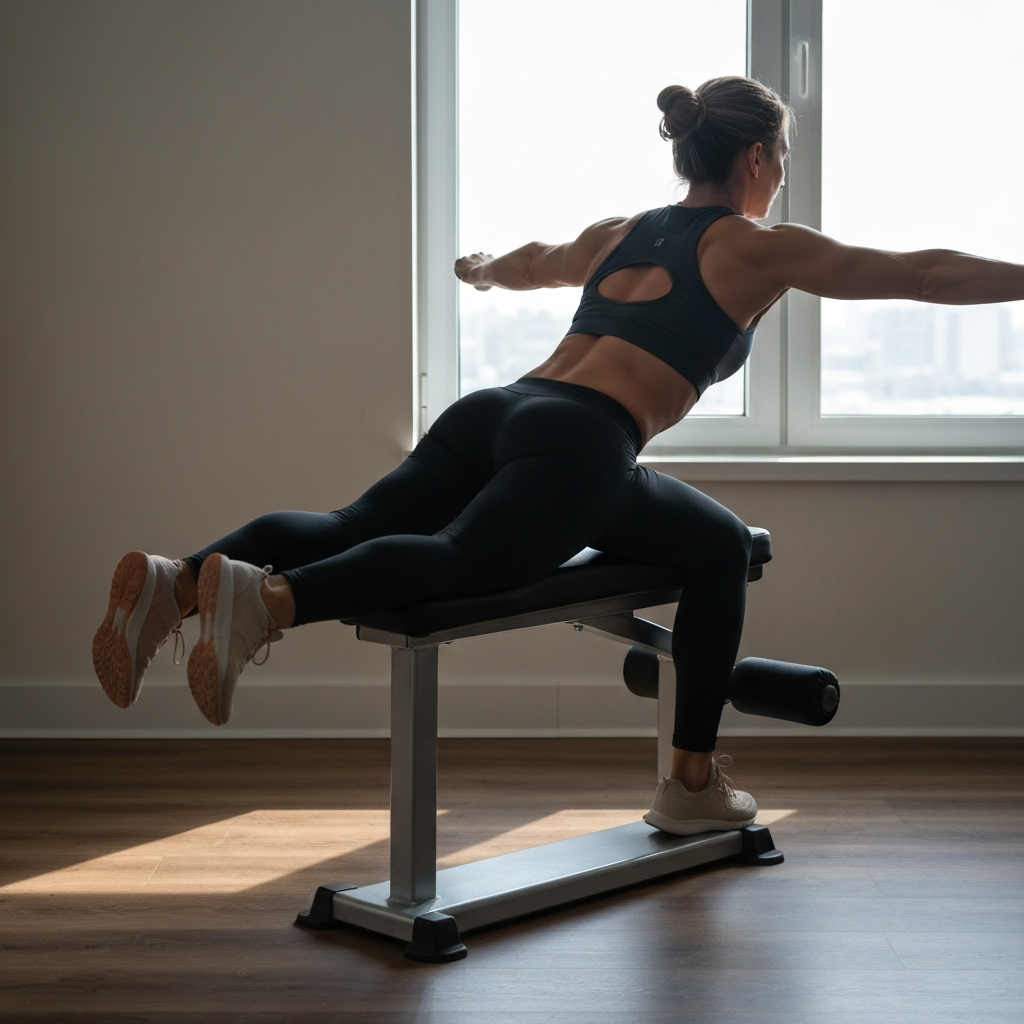 A fitness studio. A person performs a back extension exercise on a Roman chair. Soft, natural light streams in from a window, highlighting the toned back muscles. The individual is wearing appropriate workout attire.