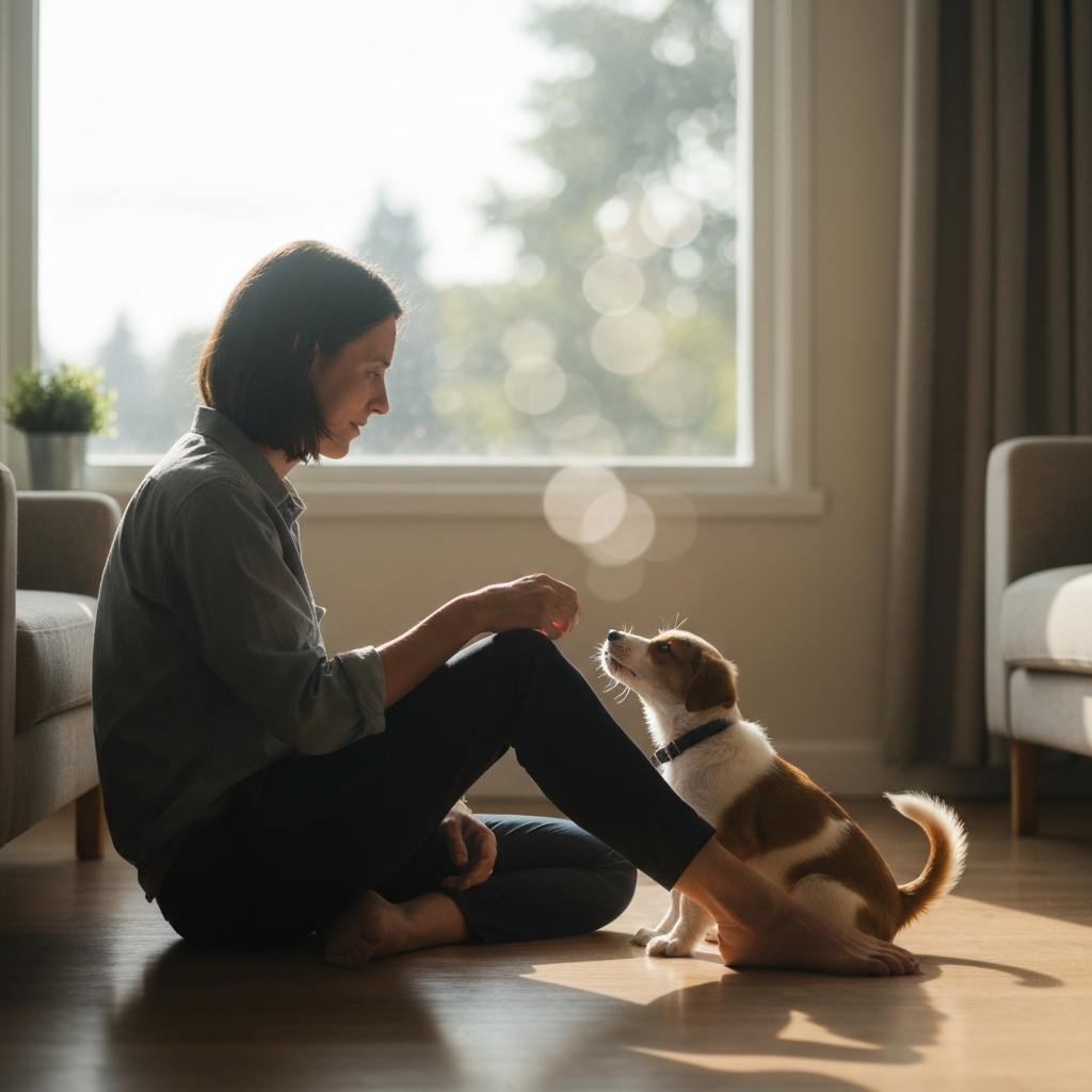 A person sitting on the floor in a sunlit living room, softly lit by natural light, observing a playful puppy with soft bokeh in the background.
