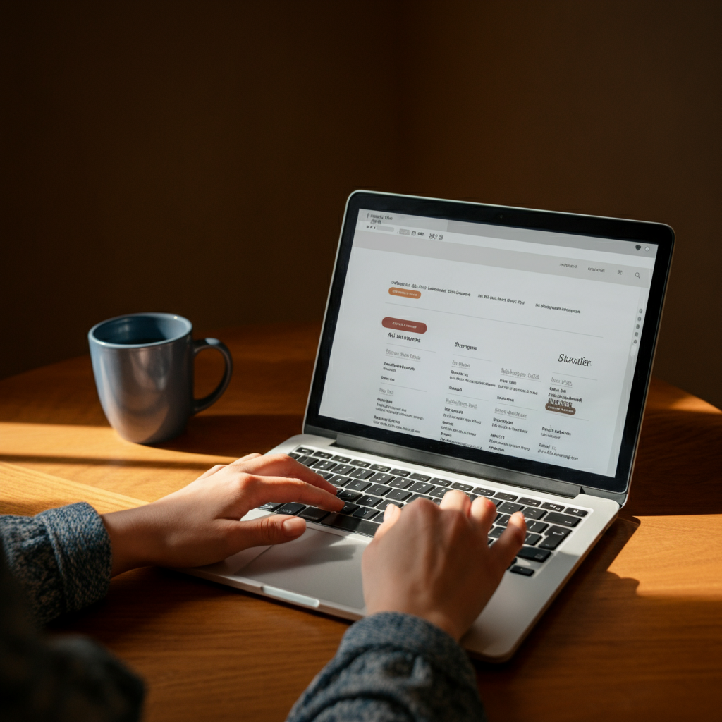Hands using a laptop on a wooden desk with diffused sunlight, focusing on the screen displaying a website with various pet names listed. A coffee mug sits nearby.