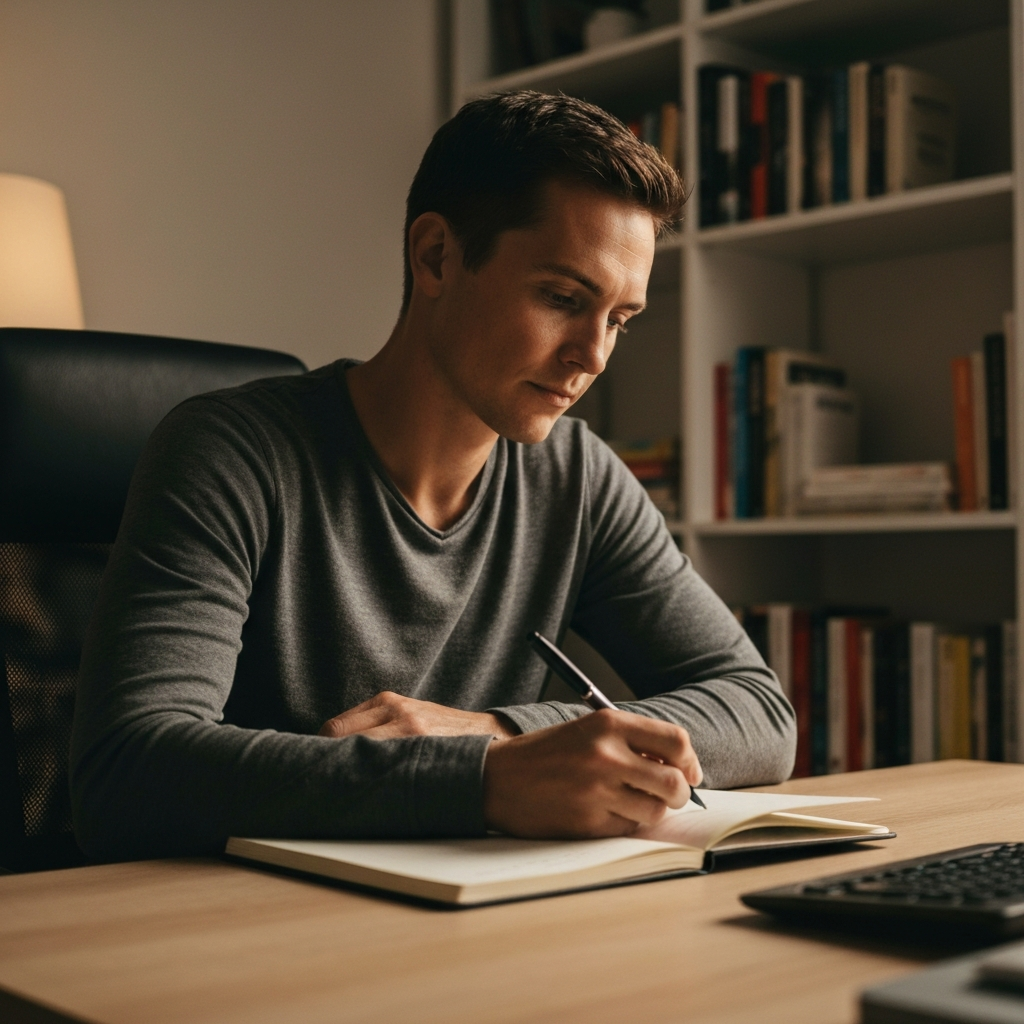 A person in a well-lit home office with a bookshelf in the background, thoughtfully writing in a notebook with a pen. Soft, ambient lighting creates a calming atmosphere.
