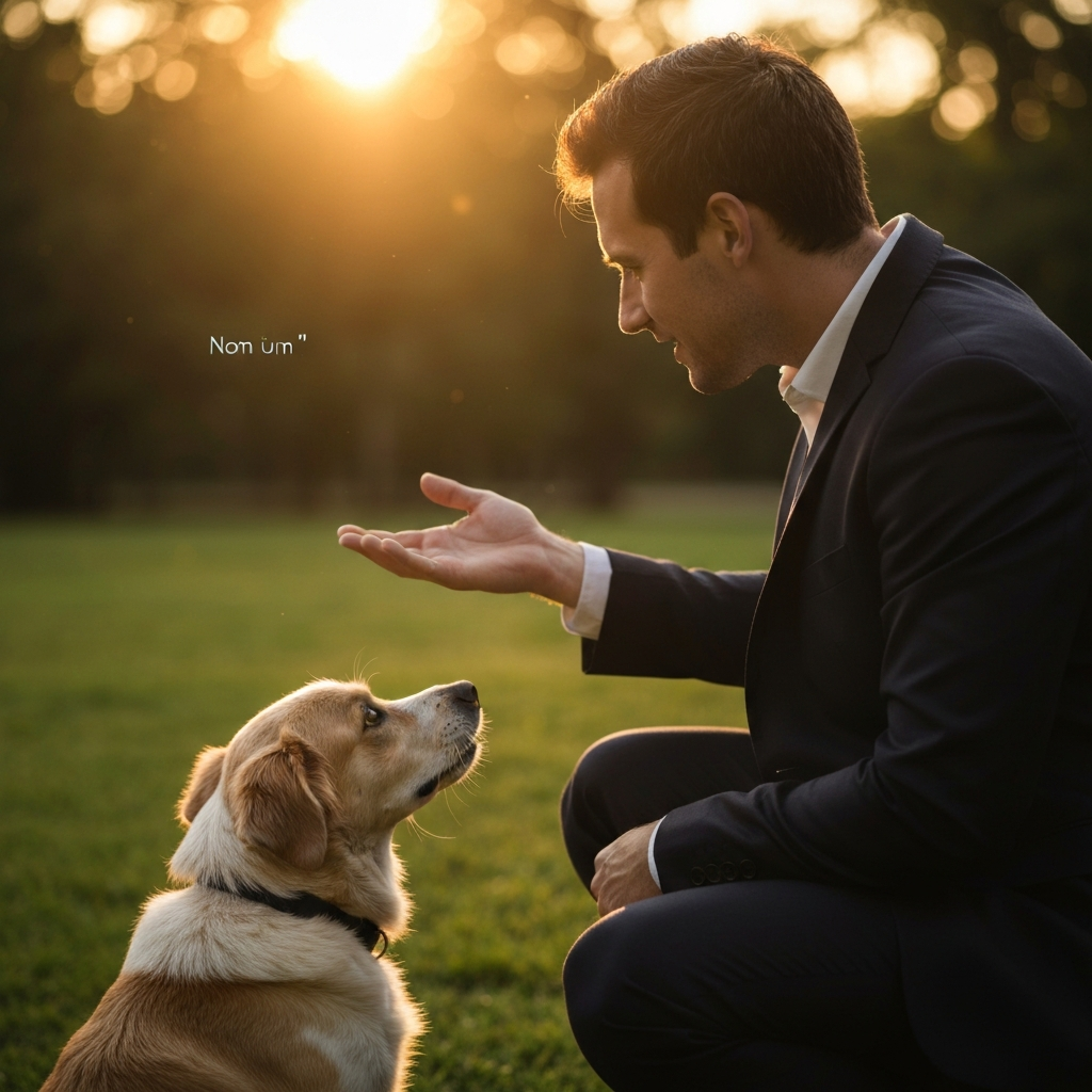 A person outdoors in a park, calling out a name to a dog who is looking towards them. Golden hour lighting creates a warm and inviting scene.