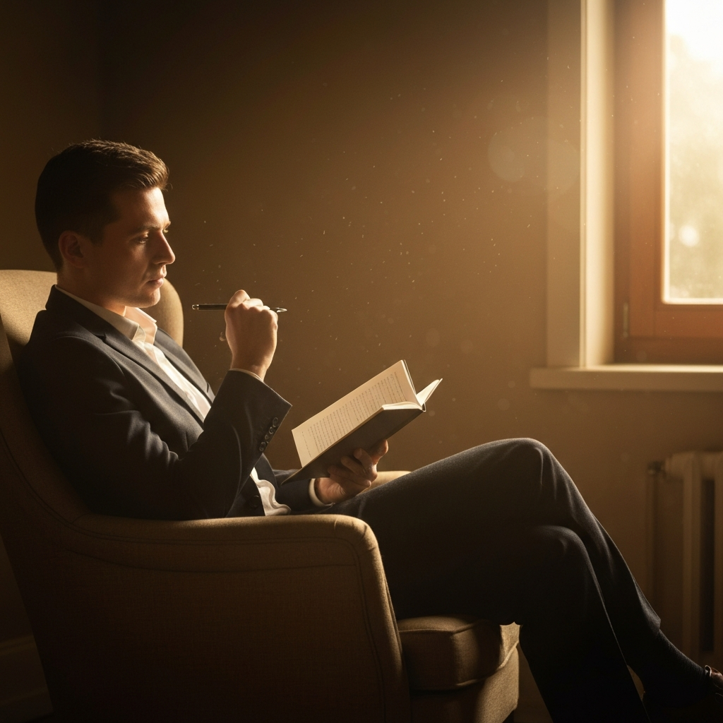 A warmly lit study with soft bokeh. A person sits in a comfortable armchair, holding a journal and pen, deep in thought. Sunlight streams through a window, illuminating dust motes dancing in the air.