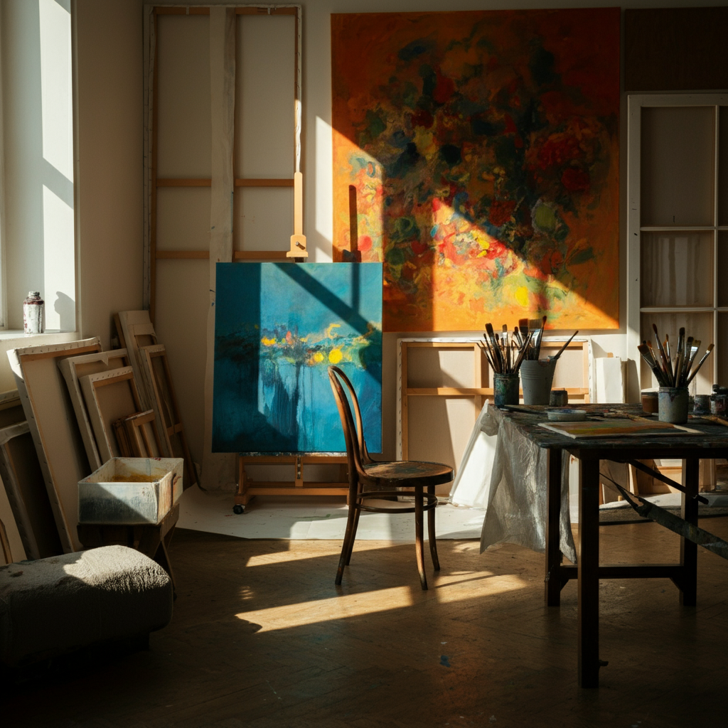 A sun-drenched art studio with vibrant colors. Canvases lean against the walls, brushes are scattered on a table, and a half-finished painting displays bold strokes. Natural light floods the room.