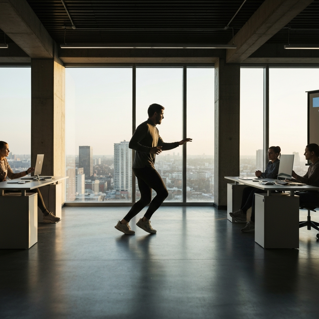A modern office space with large windows overlooking a city. A person is giving a presentation to a small team. The lighting is even and professional.