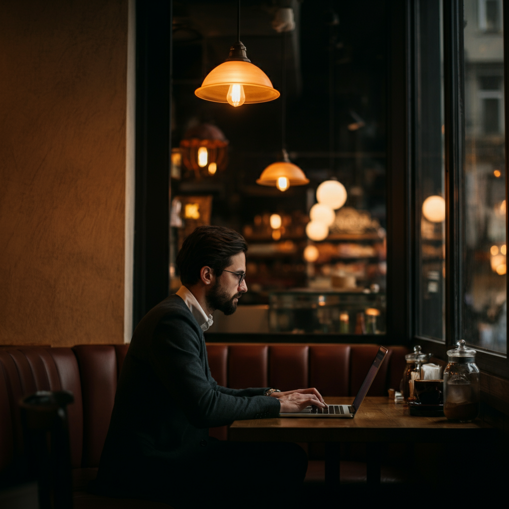 A cozy coffee shop with the aroma of fresh coffee. A person sits at a laptop, working on a freelance project. The lighting is warm and inviting.