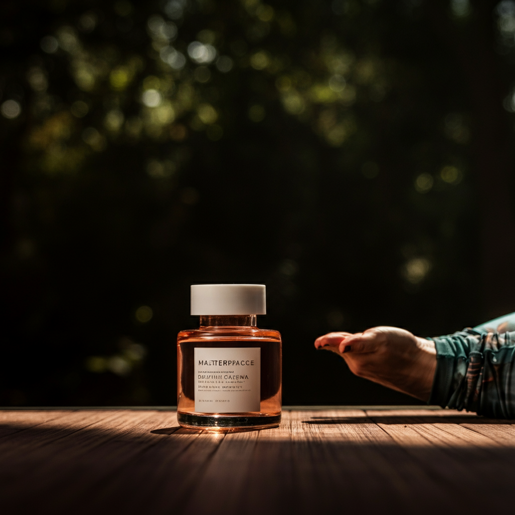 A person practicing yoga in a serene outdoor setting. Soft morning light filters through the trees. The atmosphere is peaceful and calming.