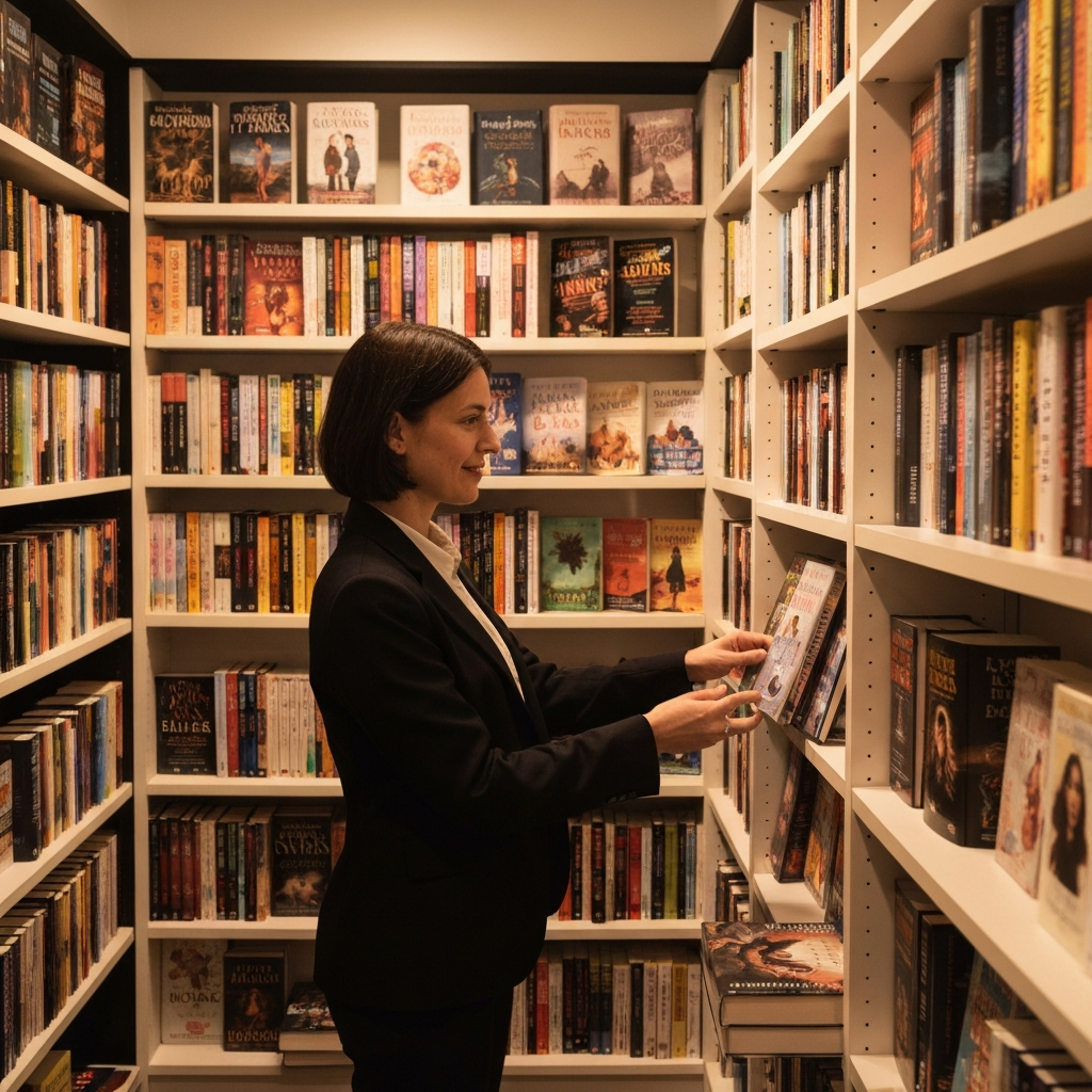 A cozy bookstore corner with a woman browsing shelves filled with romance novels. Soft, diffused lighting highlights the texture of the book covers. The scene is captured with a shallow depth of field, blurring the background and focusing on the woman's engaged expression.