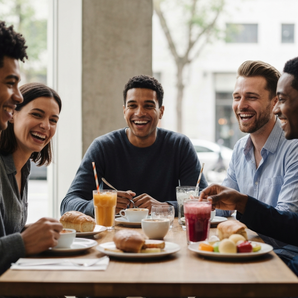 A group of diverse friends are laughing and talking around a table at a brunch cafe. Natural light streams through the windows, creating a bright and cheerful atmosphere. The focus is on the joyful expressions of the friends and the textures of the food and drinks on the table.