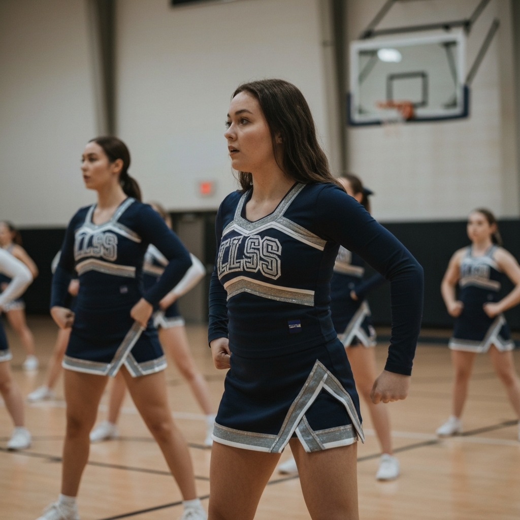 A group of cheerleaders practicing classic football cheers in a gymnasium. The lighting is bright and even, highlighting the crisp lines of their uniforms. Soft bokeh in the background shows other cheerleaders practicing different routines. 