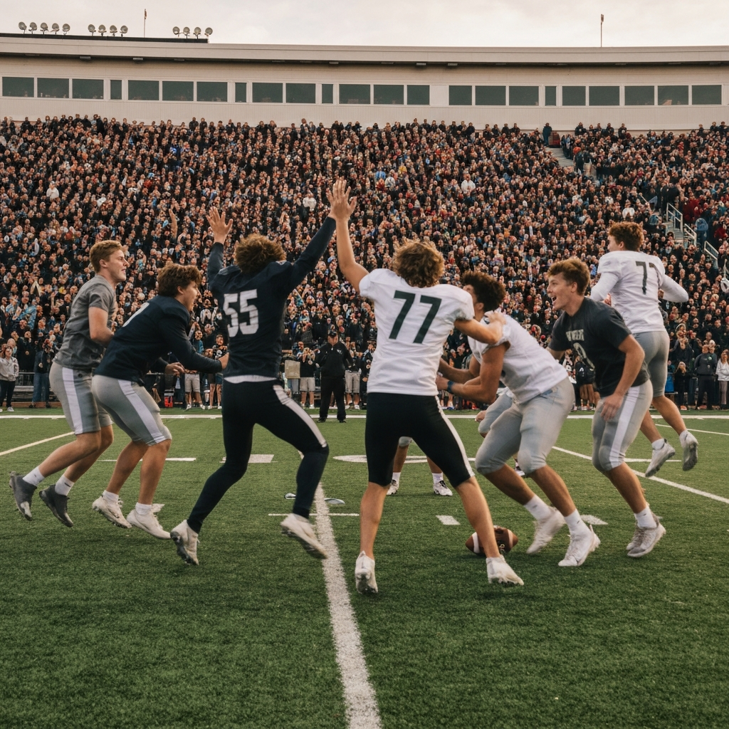 A wide shot of a packed football stadium, focused on a group of students jumping and cheering as their team's offense advances the ball down the field. The image captures the energy of the crowd, with vibrant colors and blurred motion. The lighting is slightly overexposed to convey the excitement. 