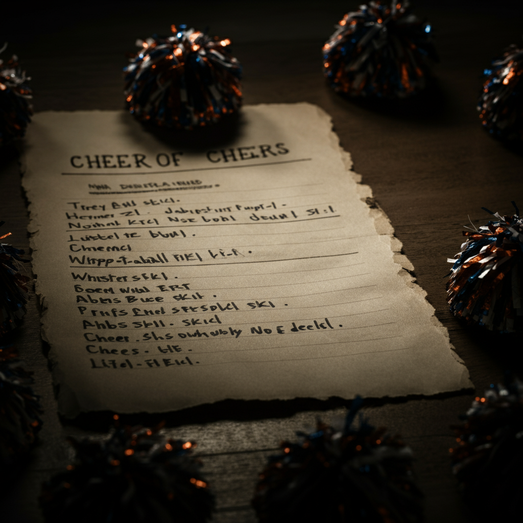 A close-up of a handwritten cheer sheet with simple football cheers listed on it. The paper is slightly crumpled, suggesting it's been used and passed around. The lighting is soft and warm, creating a sense of community. 