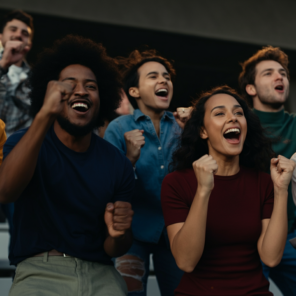 A medium shot of a group of friends at a football game, spontaneously bursting into a short cheer after a positive play. The lighting is natural and unfiltered, capturing their genuine excitement and camaraderie. Their expressions are animated and joyous. 