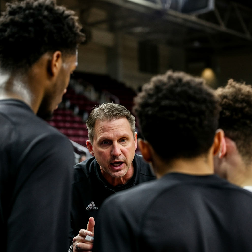 A close-up of a coach giving an encouraging pep talk to his team during a timeout. The lighting is dramatic, with shadows emphasizing the coach's intensity and the players' focus. Their faces are determined and resolute. 