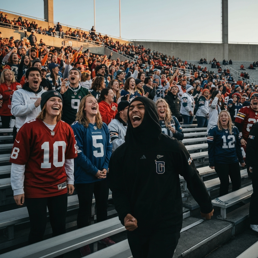 A wide shot of the stands at a football game, showing a group of fans laughing and playfully chanting a funny cheer. The lighting is bright and cheerful, and the fans are dressed in colorful team apparel. The atmosphere is lighthearted and fun. 