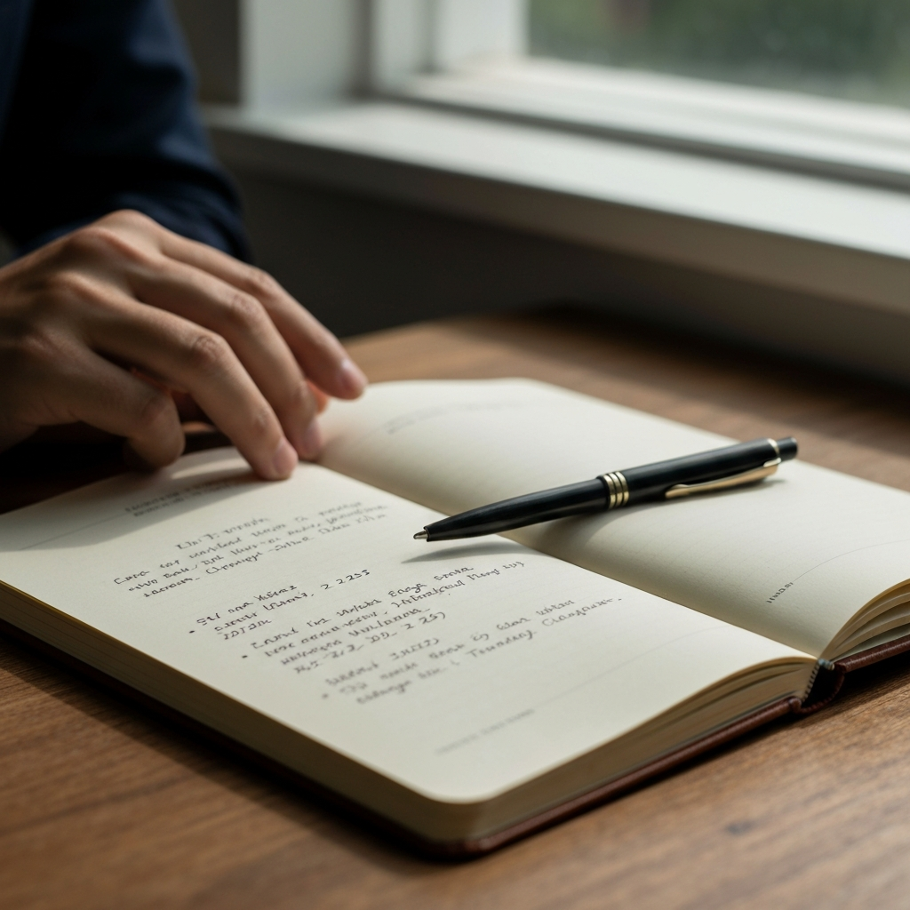 Close-up of a travel journal open on a wooden desk, with a pen resting on the page. The journal entry includes a handwritten itinerary with specific activities and dates. Soft natural light streams in from a nearby window, highlighting the textures of the paper and wood.