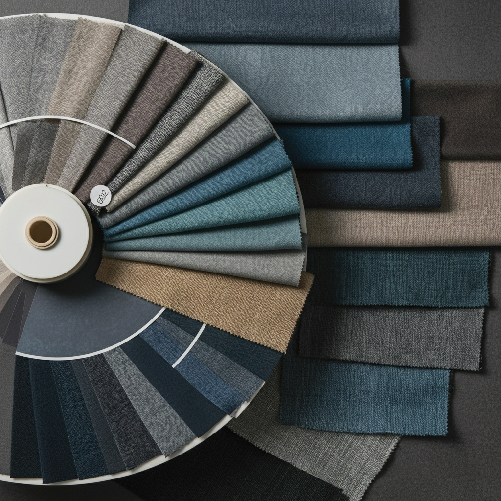 A neatly organized color wheel displaying various shades of blues, greys, and tans. Swatches of fabric in the same color families are arranged around the wheel. The scene is well-lit with even lighting, emphasizing the subtle differences in tone and texture.