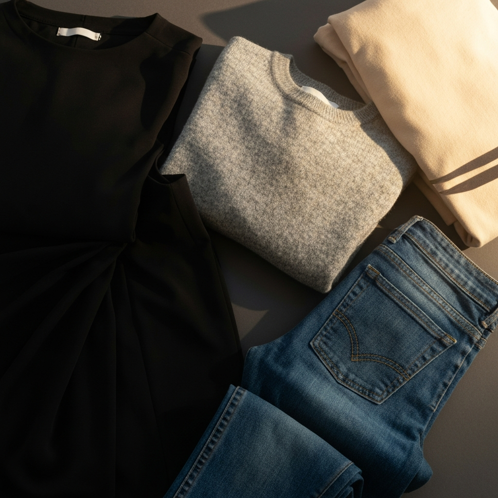 A collection of folded neutral-colored clothing items including a black dress, a grey sweater, and a pair of dark wash jeans. Soft lighting from above highlights the textures of the fabrics and the neat folds of the clothes.