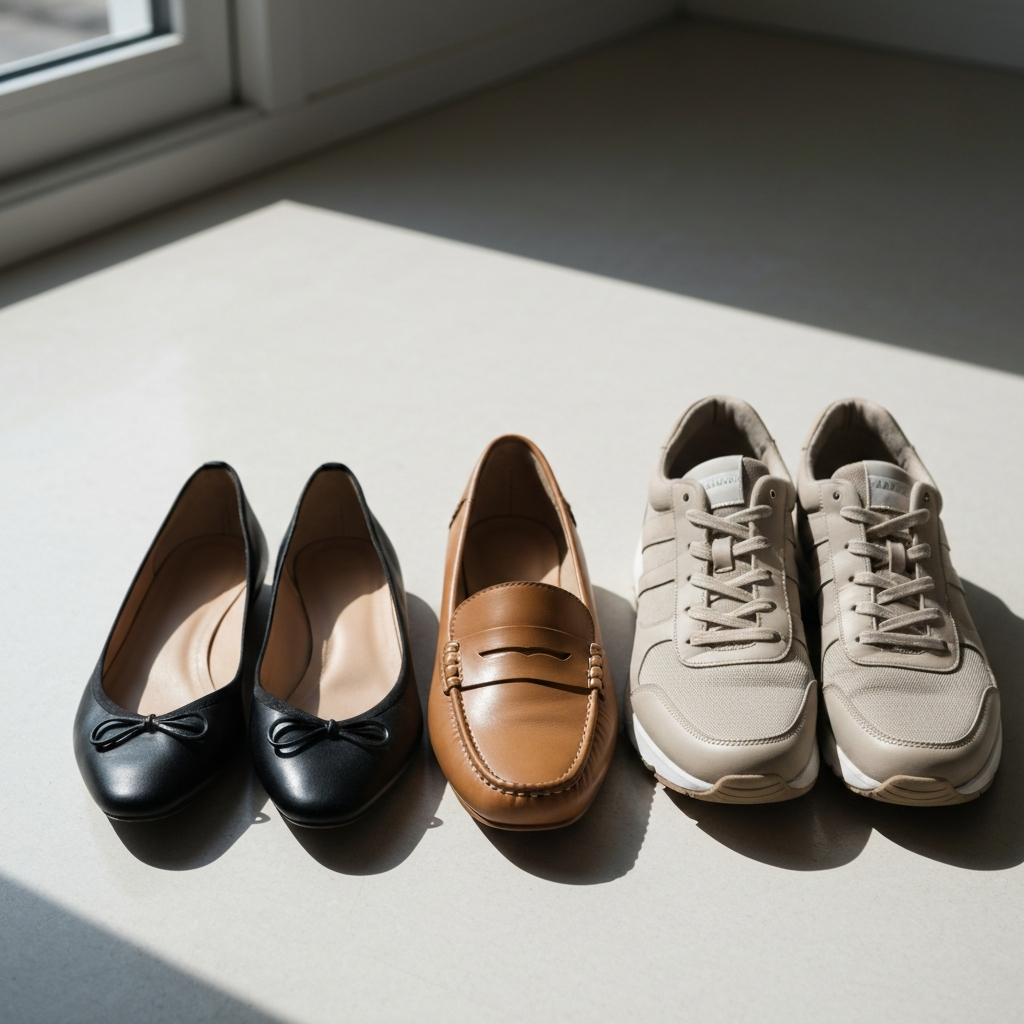 Three pairs of shoes are neatly arranged on a light-colored floor. A pair of black ballet flats, tan leather loafers, and neutral walking sneakers are positioned side by side. Natural light from a nearby window casts soft shadows and highlights the textures of the leather and fabric.