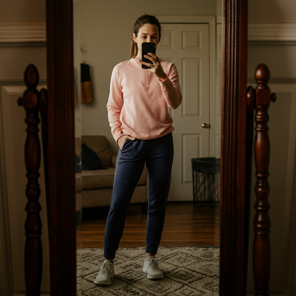 A woman stands in front of a mirror, trying on different outfit combinations. She is holding a phone and taking pictures of herself in each outfit. The room is well-lit and the woman is smiling.