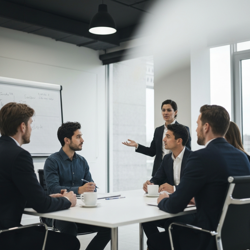 Medium shot of a team meeting in a modern office. One person is presenting on a whiteboard, while others listen attentively. Soft bokeh in the background creates a professional atmosphere.
