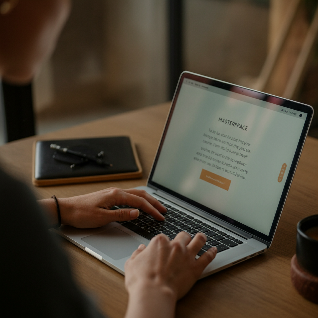 A person types an email on a laptop in a brightly lit office. The screen shows a motivational quote with a brief personal message below. Soft, diffused light creates a professional and inviting ambiance.