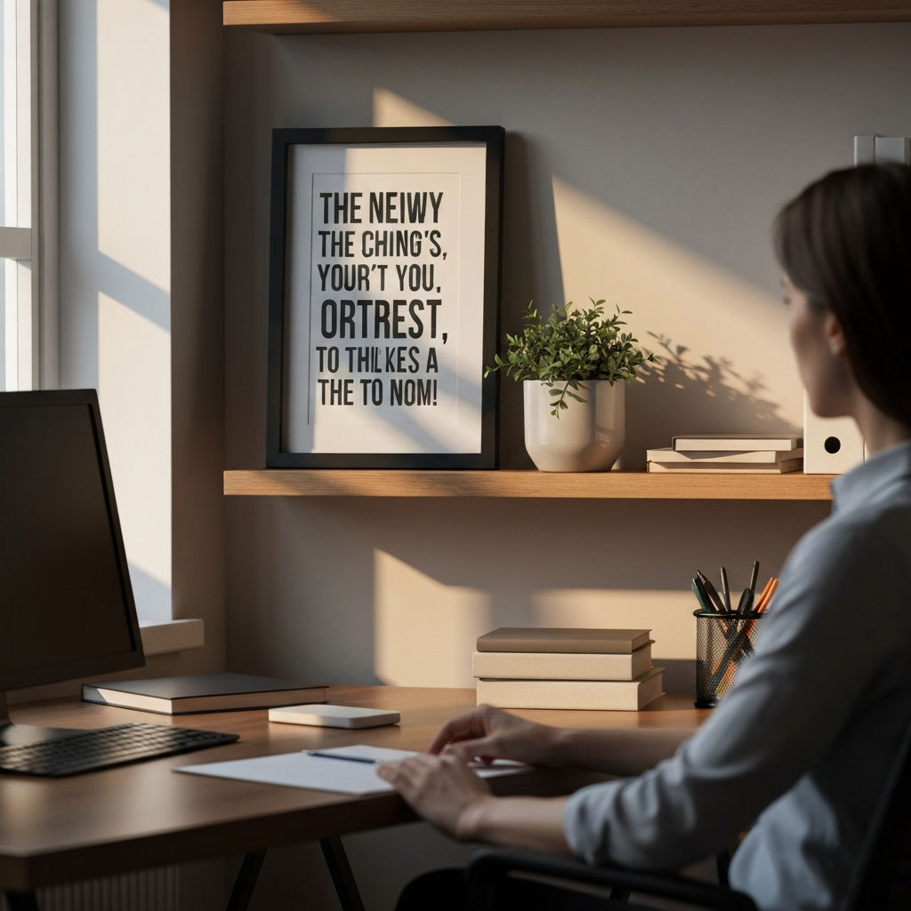 Close-up of a desk in a home office, featuring a framed motivational quote on a shelf. A small plant and other desk accessories add a personal touch. Natural light from a window creates warm highlights.