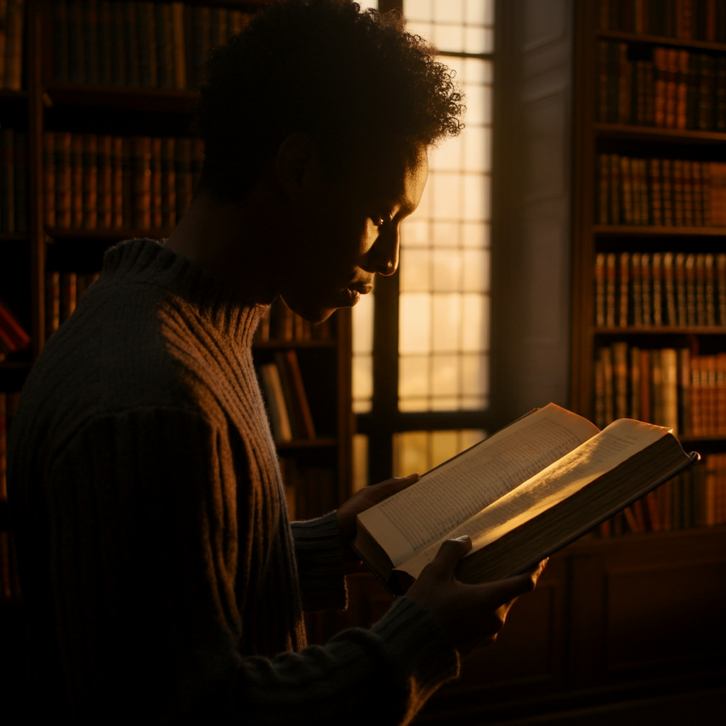 A library with tall shelves filled with old books. A person is carefully examining a family history book, their fingers tracing names and dates. Golden hour lighting filters through a large window.