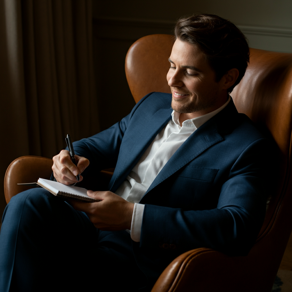 A person sitting in a comfortable armchair, reading a list of names written on a notepad. They are smiling thoughtfully, occasionally crossing out names with a pen. The room is warm and inviting, with soft lighting.