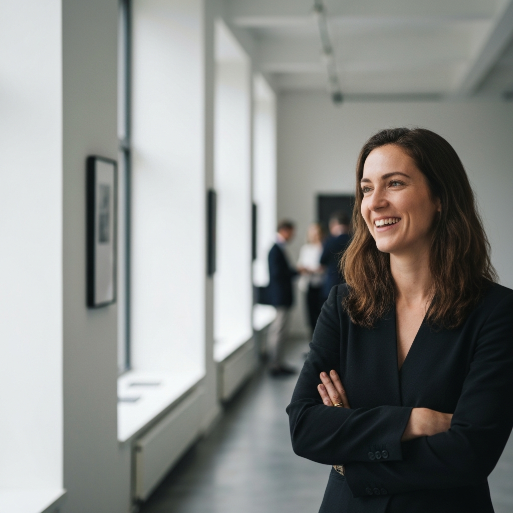 A person confidently introducing themselves at a networking event, using their chosen nickname. They are smiling and making eye contact, projecting a sense of self-assurance and approachability.