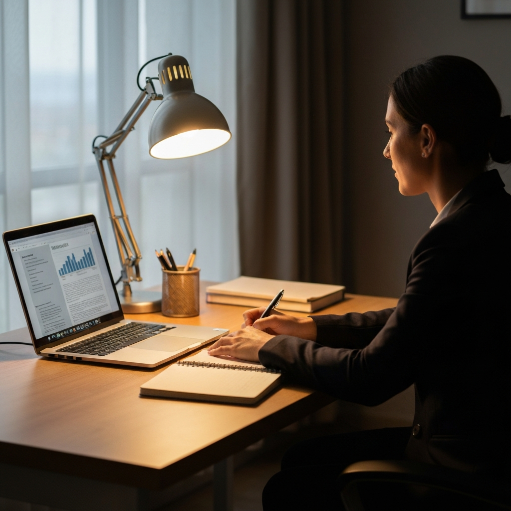 A well-lit home office with a person sitting at a desk, illuminated by the warm glow of a desk lamp. The desk is neatly organized with a laptop open to a research page, a notebook for jotting down notes, and a pen. Soft bokeh from a window in the background.