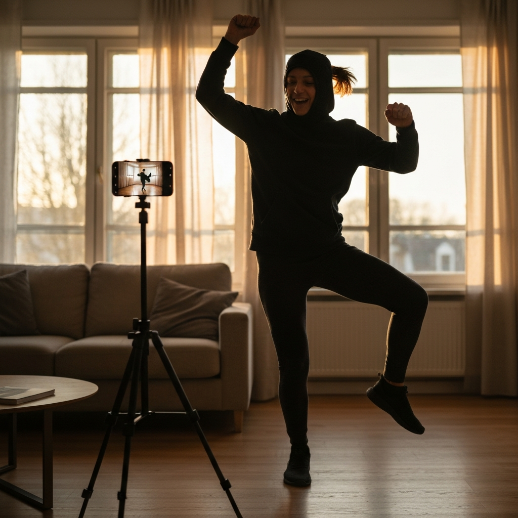 A living room with natural light streaming through a window. A person is dancing with energy and enthusiasm, their movements perfectly synchronized to the music. A smartphone is mounted on a tripod, capturing the performance. The scene has a dynamic and upbeat feel.