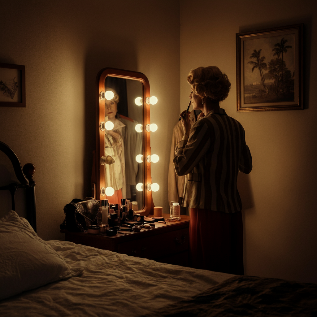 A bedroom with soft, diffused lighting. A person is standing in front of a mirror, carefully adjusting their outfit and applying makeup. The scene has a vintage and nostalgic feel, with classic clothing and accessories on display.