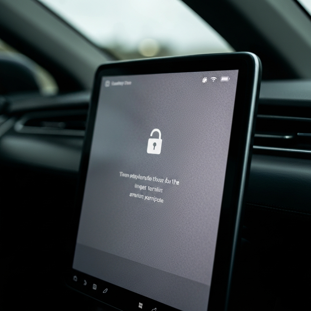 Close-up shot of a Tesla's touchscreen displaying the lock icon in the upper corner, with soft-focus background of the car's interior. Lighting is diffused, accentuating the screen's texture.