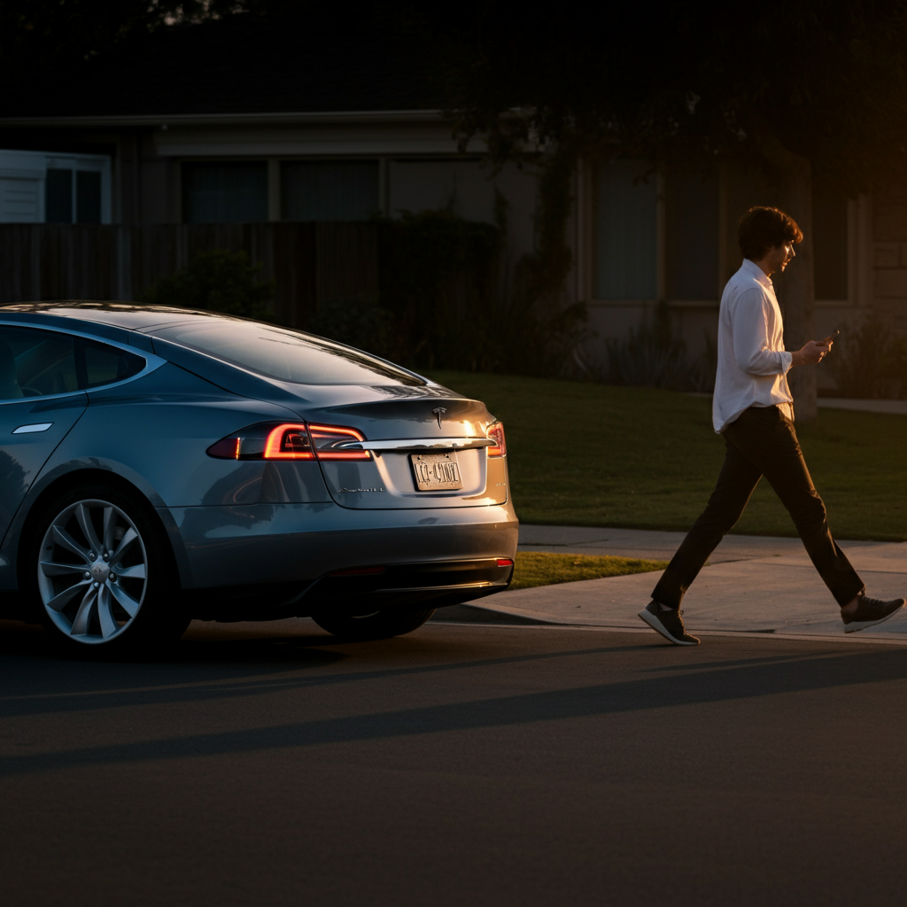 A Tesla parked on a suburban street during golden hour. A person, dressed in business casual attire, walks away from the car with their phone in hand. The vehicle's tail lights are illuminated as the walk-away lock activates.