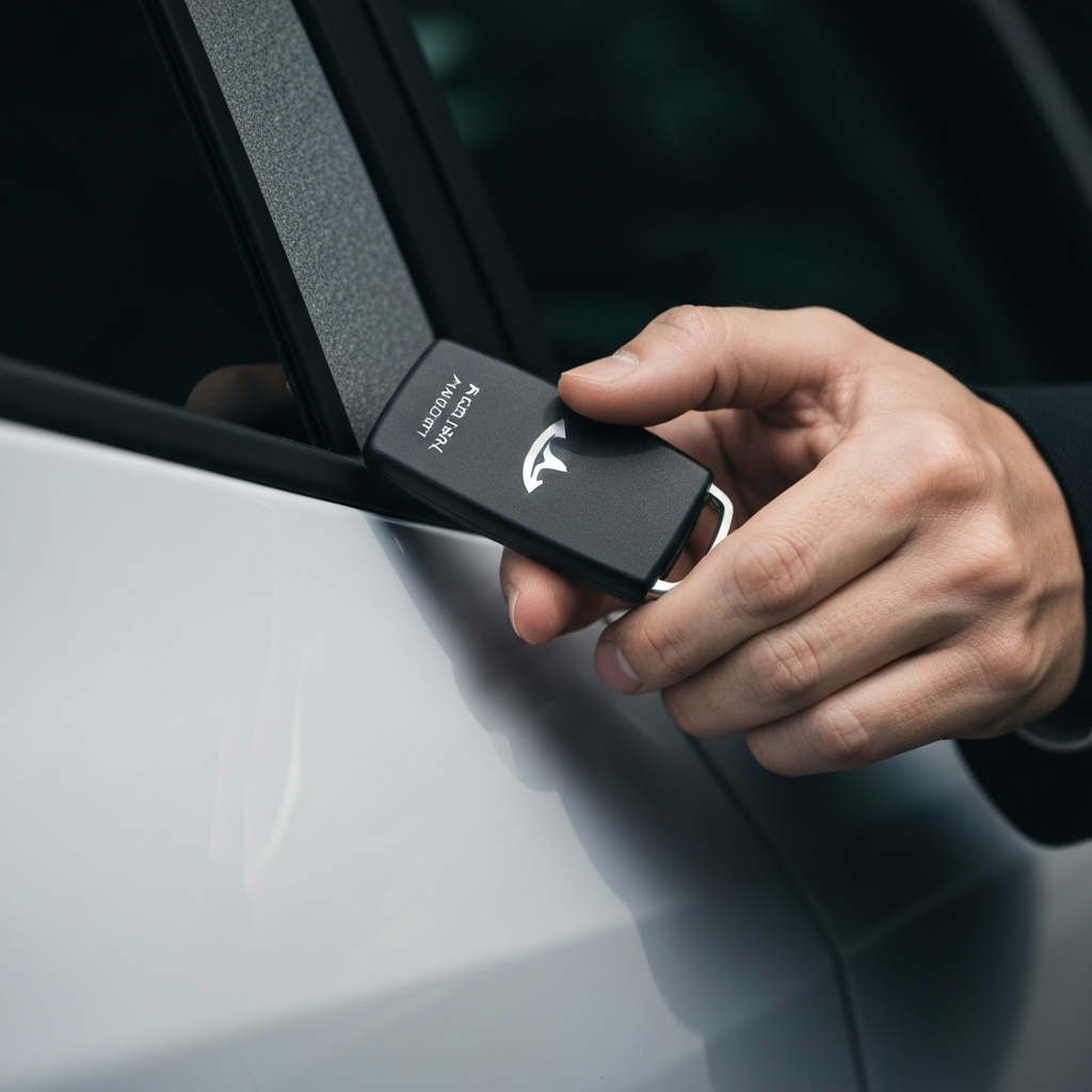 Close-up shot of a person's hand holding a Tesla key card against the B-pillar of a Model 3. The pillar's texture is visible, and the key card is slightly blurred to emphasize the point of contact. Soft, natural lighting highlights the hand.
