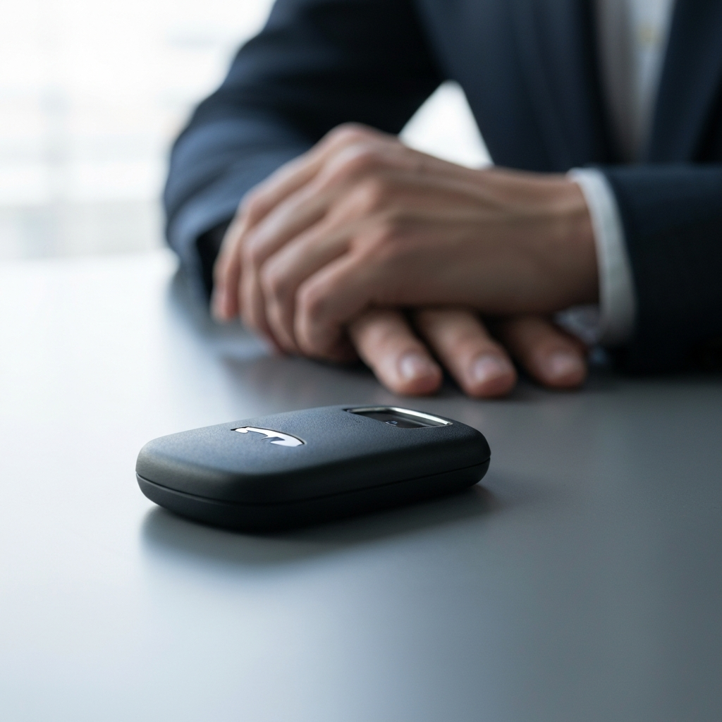 A Tesla key fob lying on a sleek, minimalist table. The fob is in focus, with a shallow depth of field that blurs the background. The lighting is even and reveals the contours of the fob.