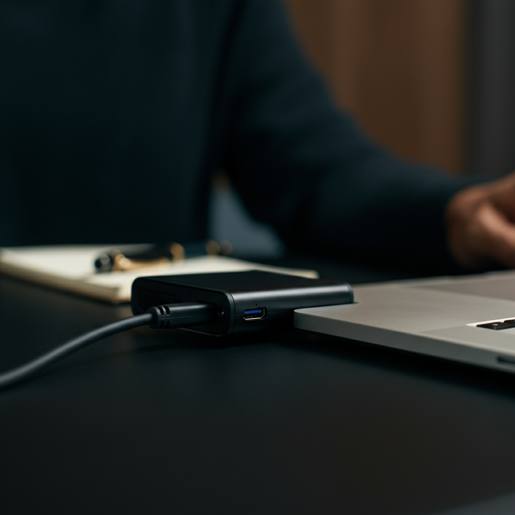 Close-up of a laptop's USB port with a small external hard drive plugged in. Soft bokeh in the background showing a tidy office desk with a notepad and pen.