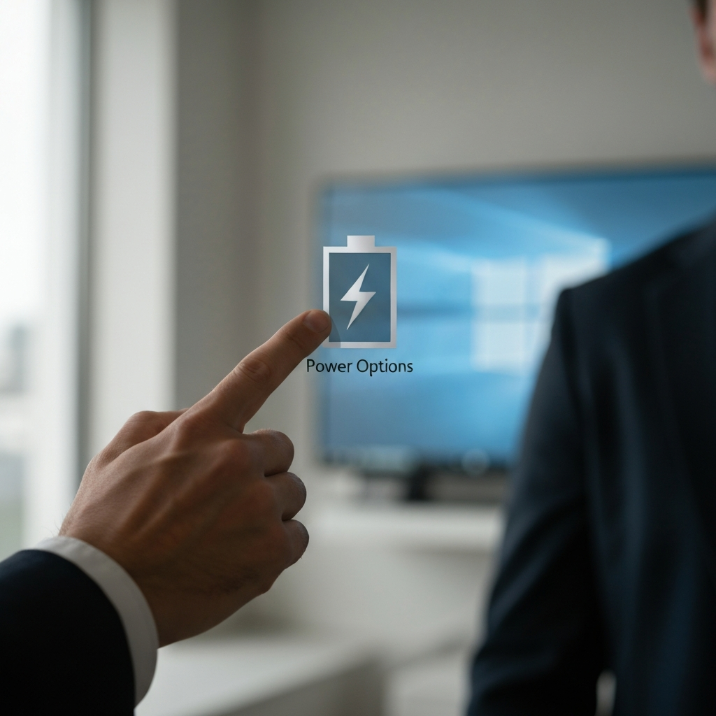 A person's hand clicking on the "Power Options" icon in the Windows Control Panel. The icon is a stylized battery with a lightning bolt. The background is softly blurred, showing a typical Windows desktop.