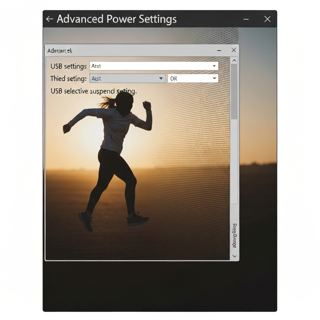 A close-up of the "Advanced Power Settings" window, specifically highlighting the "USB settings" and "USB selective suspend setting" options. The window is side-lit, creating subtle shadows and showcasing the texture of the window's UI elements.