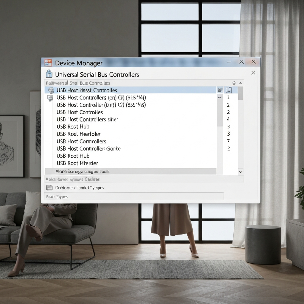 A screen capture of the Device Manager, with the "Universal Serial Bus controllers" category expanded. The focus is on the list of USB Host Controllers and USB Root Hubs, with clear labels indicating their names and types.
