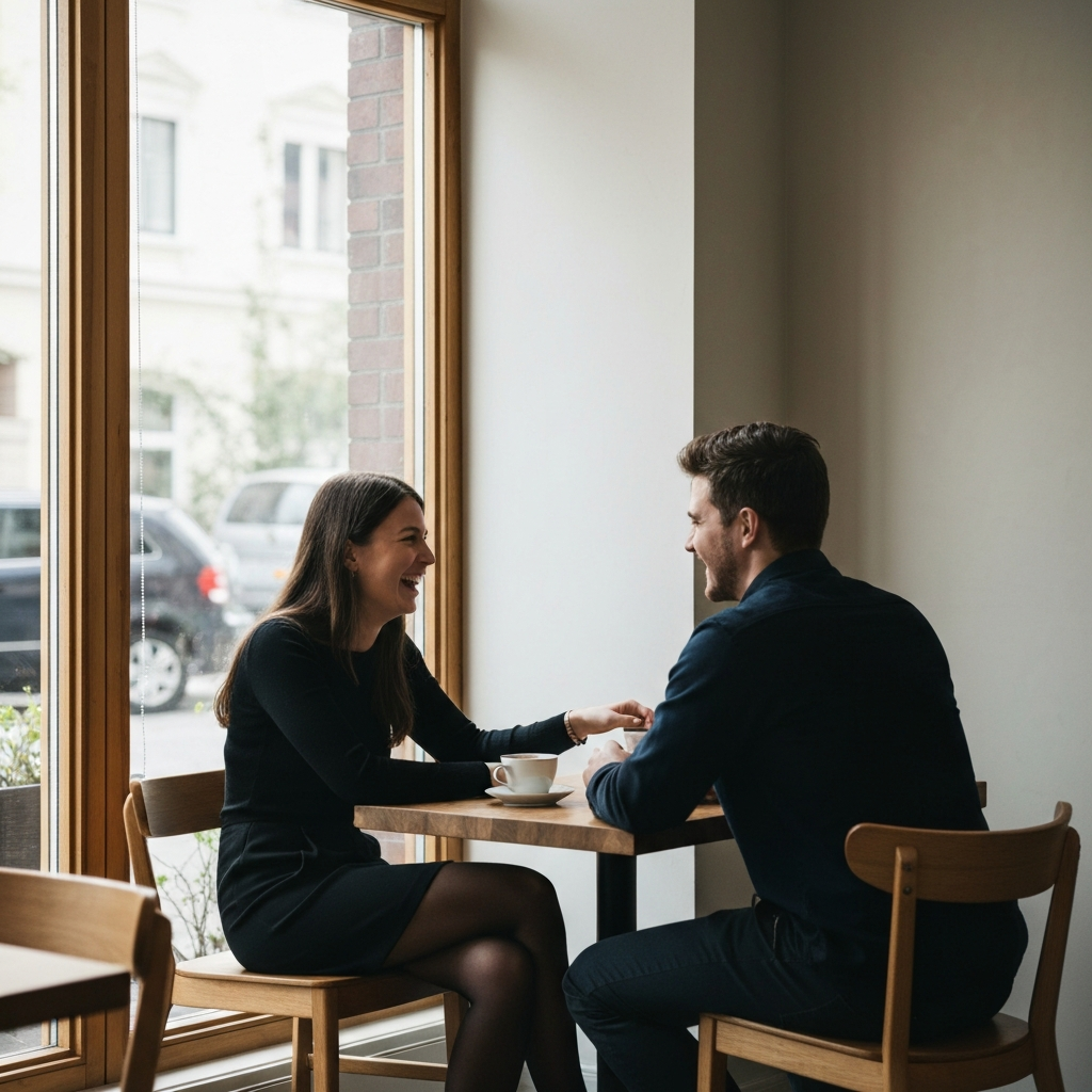 A cozy coffee shop with natural light streaming through the window. A young couple is sitting at a table, laughing and talking. The woman gently touches the man's arm.